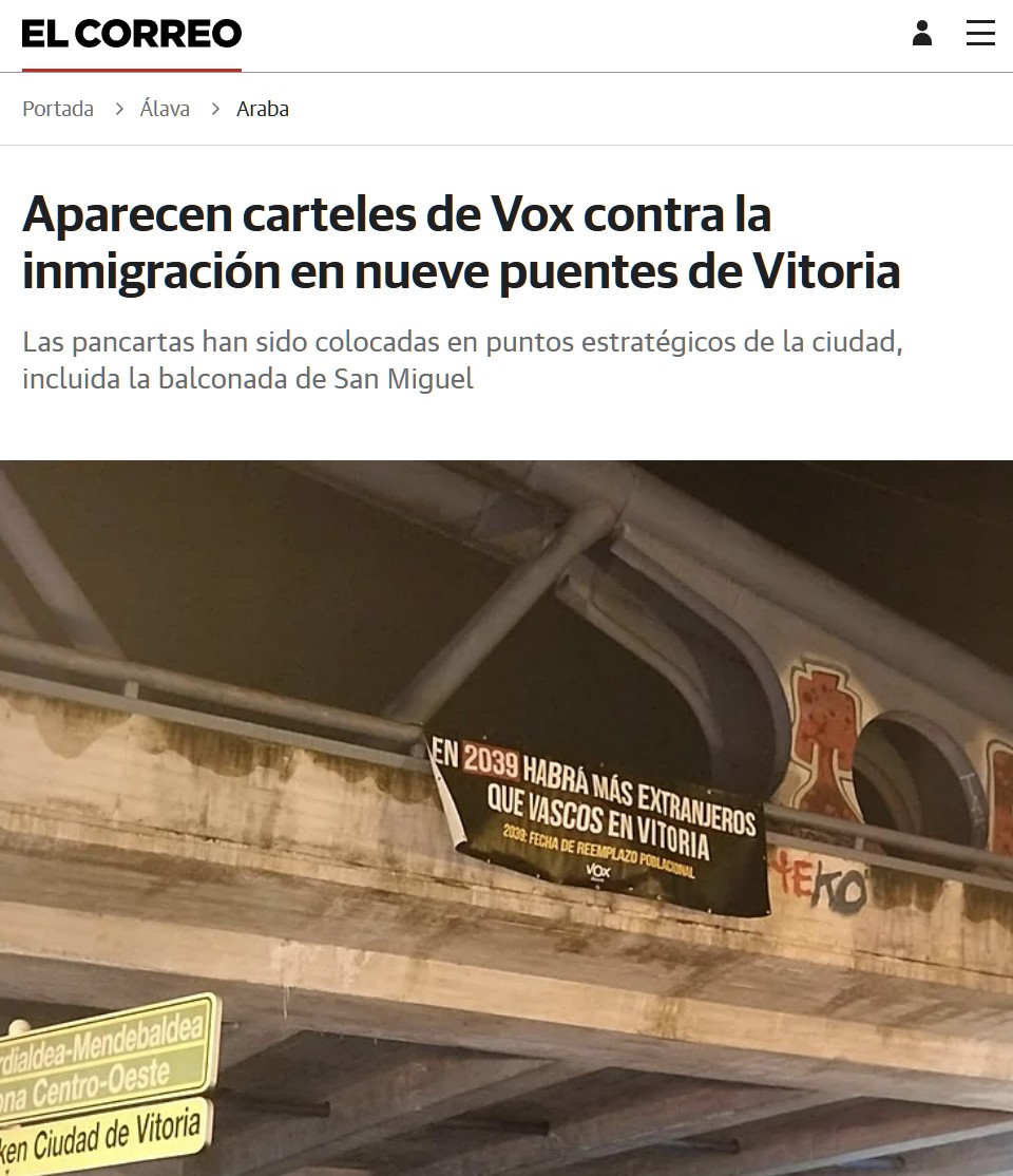 VOX cuelga carteles anti-inmigración por todo Vitoria.