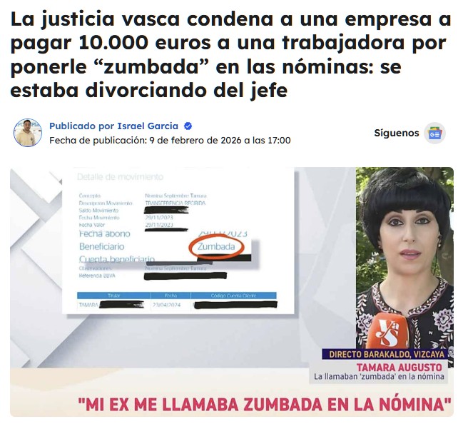 Condenan a una empresa por poner "ZUMBADA" en las nóminas de la exmujer de uno de los socios.