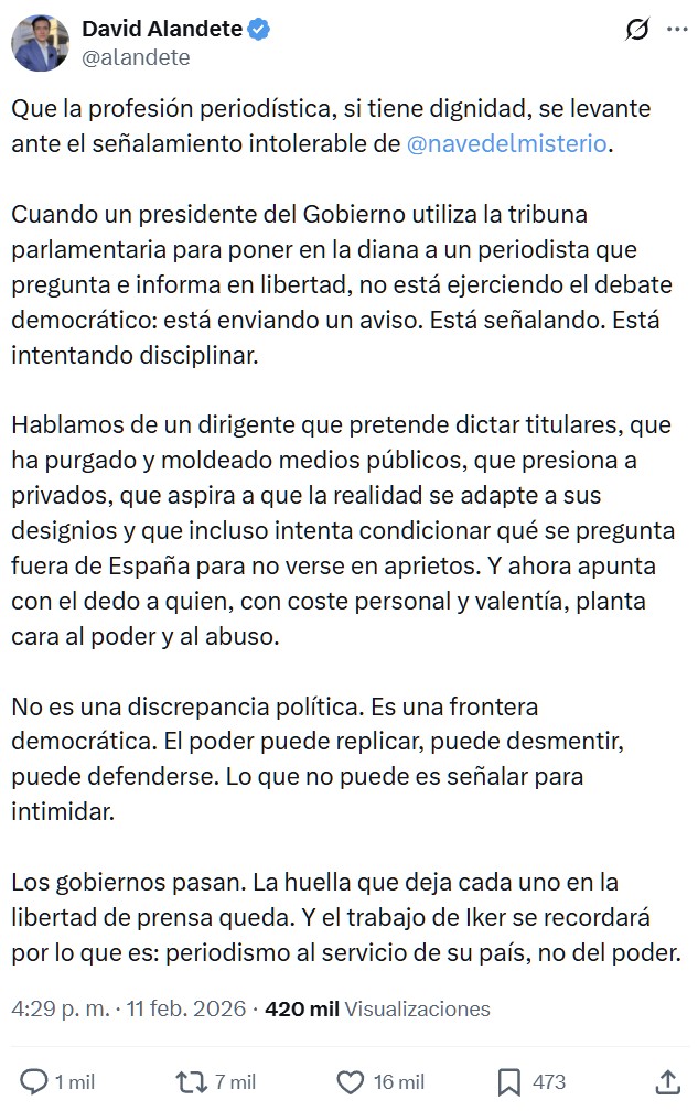 La respuesta de Iker Jiménez al ataque de Pedro Sánchez hoy en el Congreso.