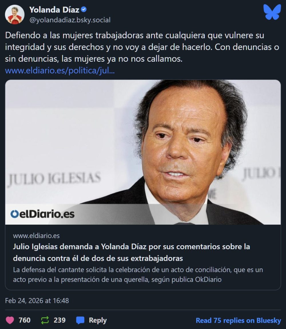 Julio Iglesias demanda a Yolanda Díaz por injurias y calumnias.
