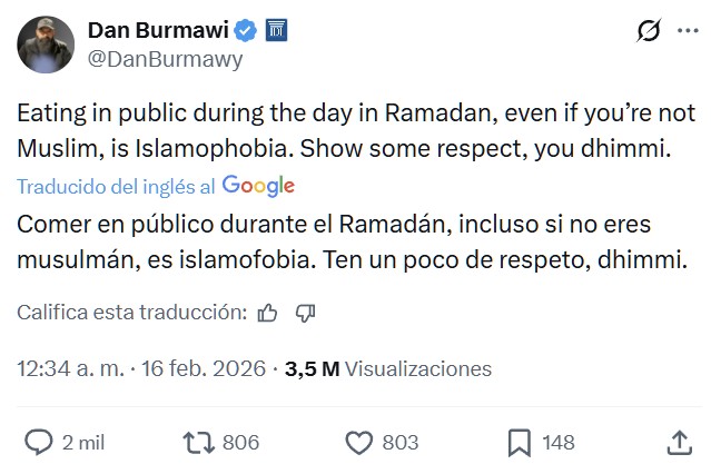 "Comer en público durante el Ramadán, incluso si no eres musulmán, es islamofobia".