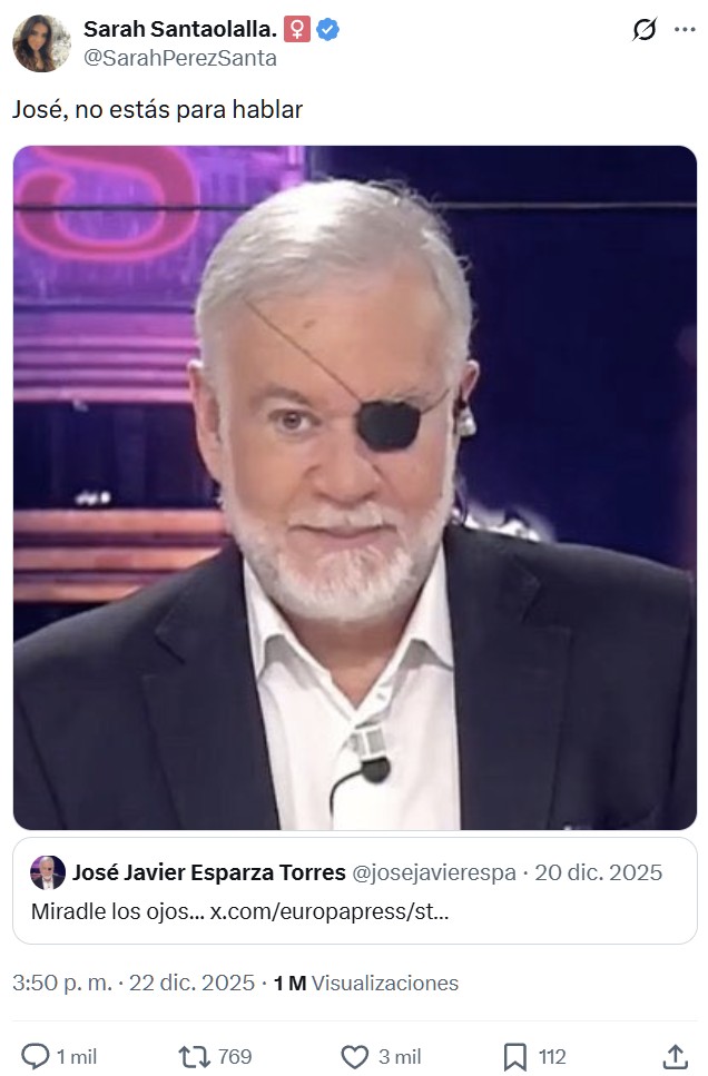 Sarah Santaolalla está tan ocupada victimizándose porque alguien la haya definido por su intelecto y sus cocos, que hoy no le queda tiempo para reírse de los tuertos.