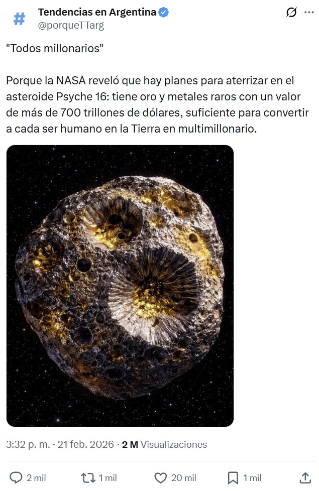La NASA quiere explotar un 'asteroide de oro' valorado en 700 quintillones de dólares.