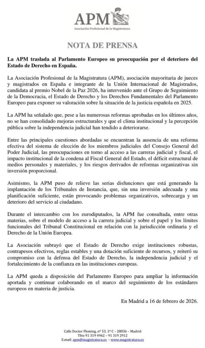 La Asociación mayoritaria de Jueces denuncia en Europa el deterioro del Estado de Derecho en España.