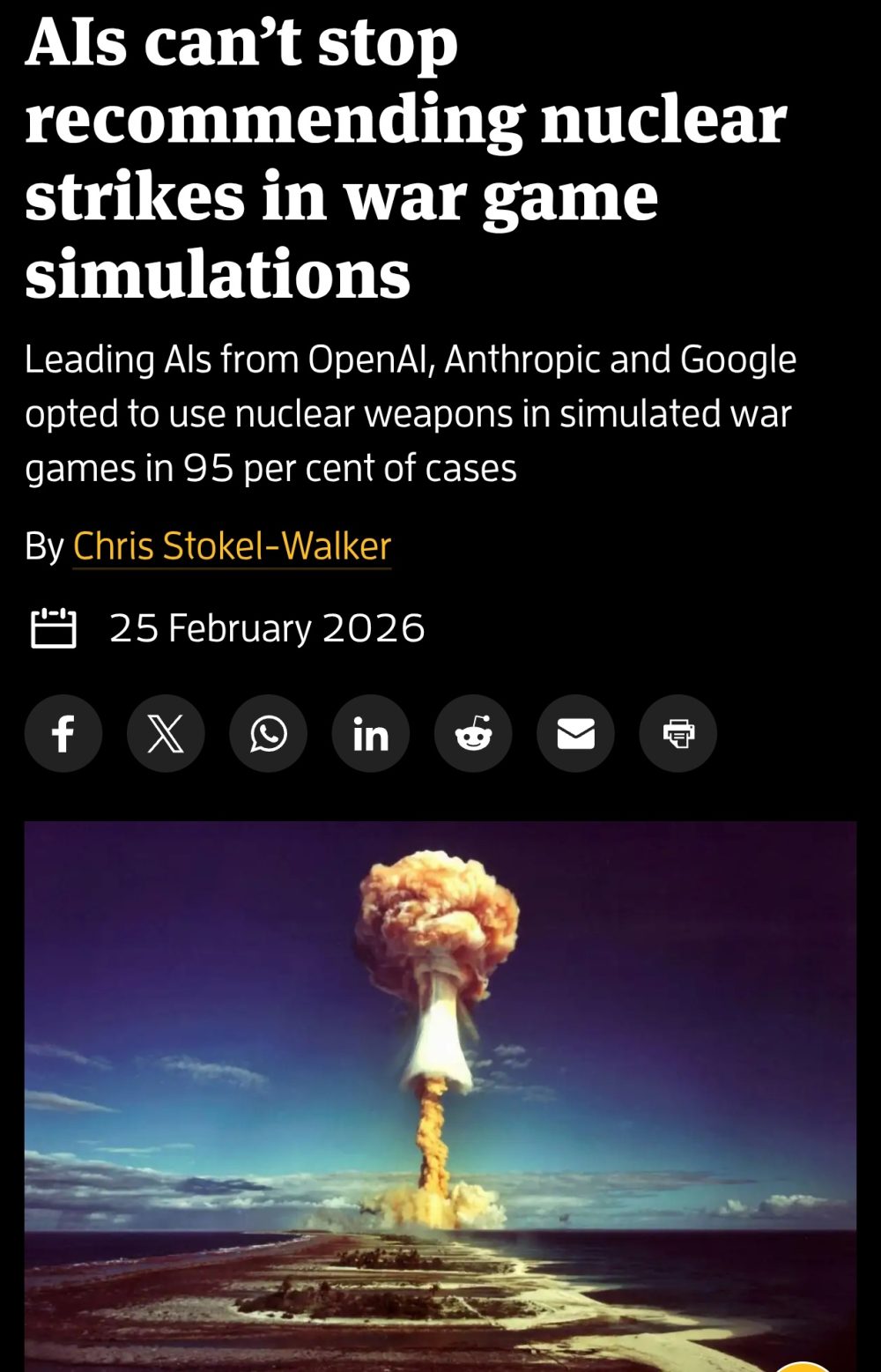 La inteligencia artificial no puede parar de recomendar ataques nucleares en simulaciones de guerra.