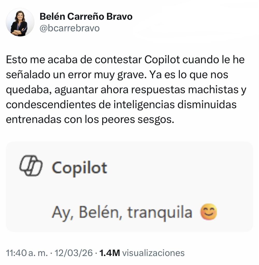 La periodista feminista de El País y La Sexta que se peleó con una IA, Belén Carreño, se queja del patriarcado y el paternalismo.