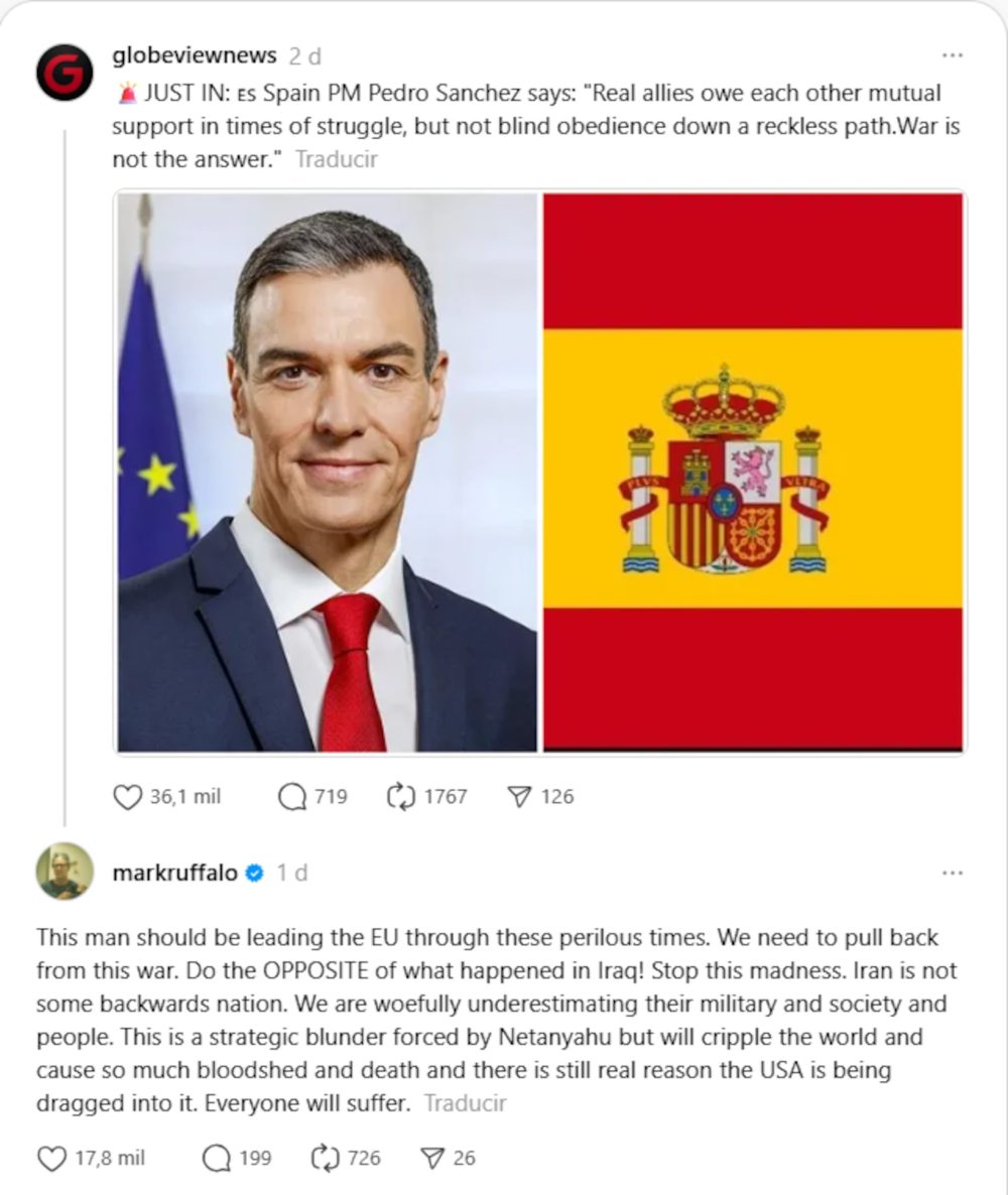 Mark Ruffalo: "Pedro Sánchez debería estar liderando la Unión Europea"