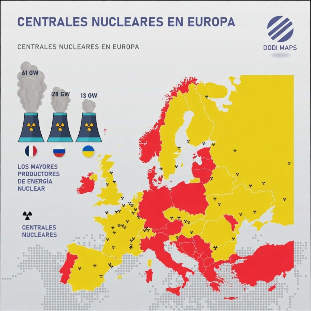 Mapa con todas las centrales nucleares en Europa.