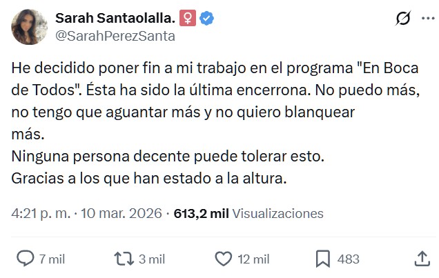 Sarah Santaolalla deja su silla de analista política en el programa 'En Boca de todos'.