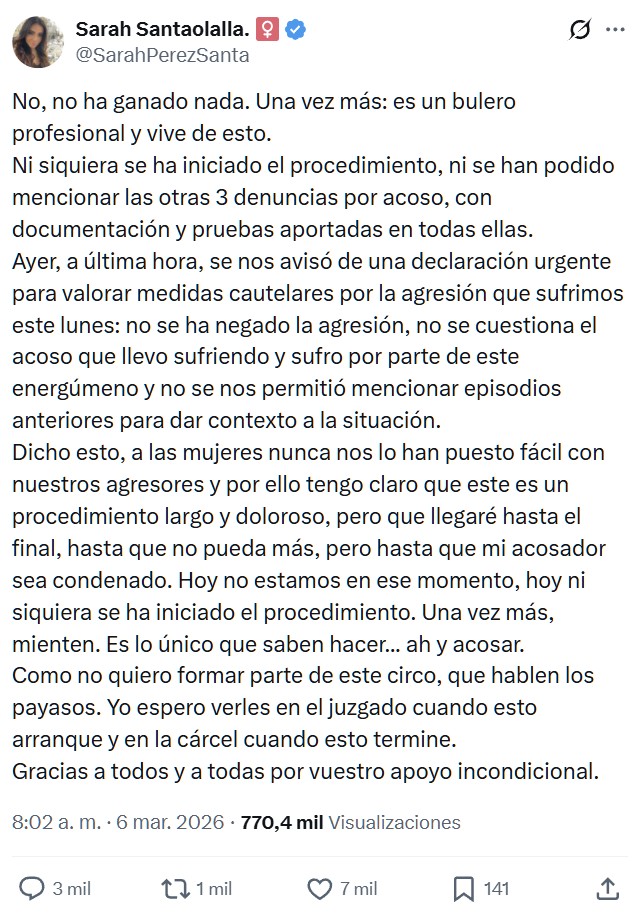 Miss Cabestrillos está ofuscada porque la justicia no se está creyendo su pantomima.