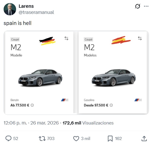 En España matricular este coche es el 14% del precio sin IVA (sobre 12.000 €), en Alemania son 340 €. Eso para que lo tengáis en cuenta cuando conduzcáis por esos caminos de cabras a los que llamamos carreteras.