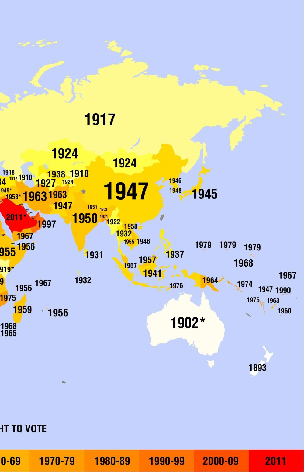 Año en el que las mujeres pudieron votar por primera vez en cada país del mundo.