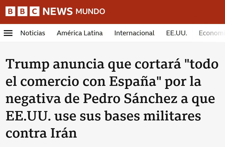 Trump anuncia el cese de relaciones comerciales con España por no permitir usar nuestras bases para el ataque contra Irán.