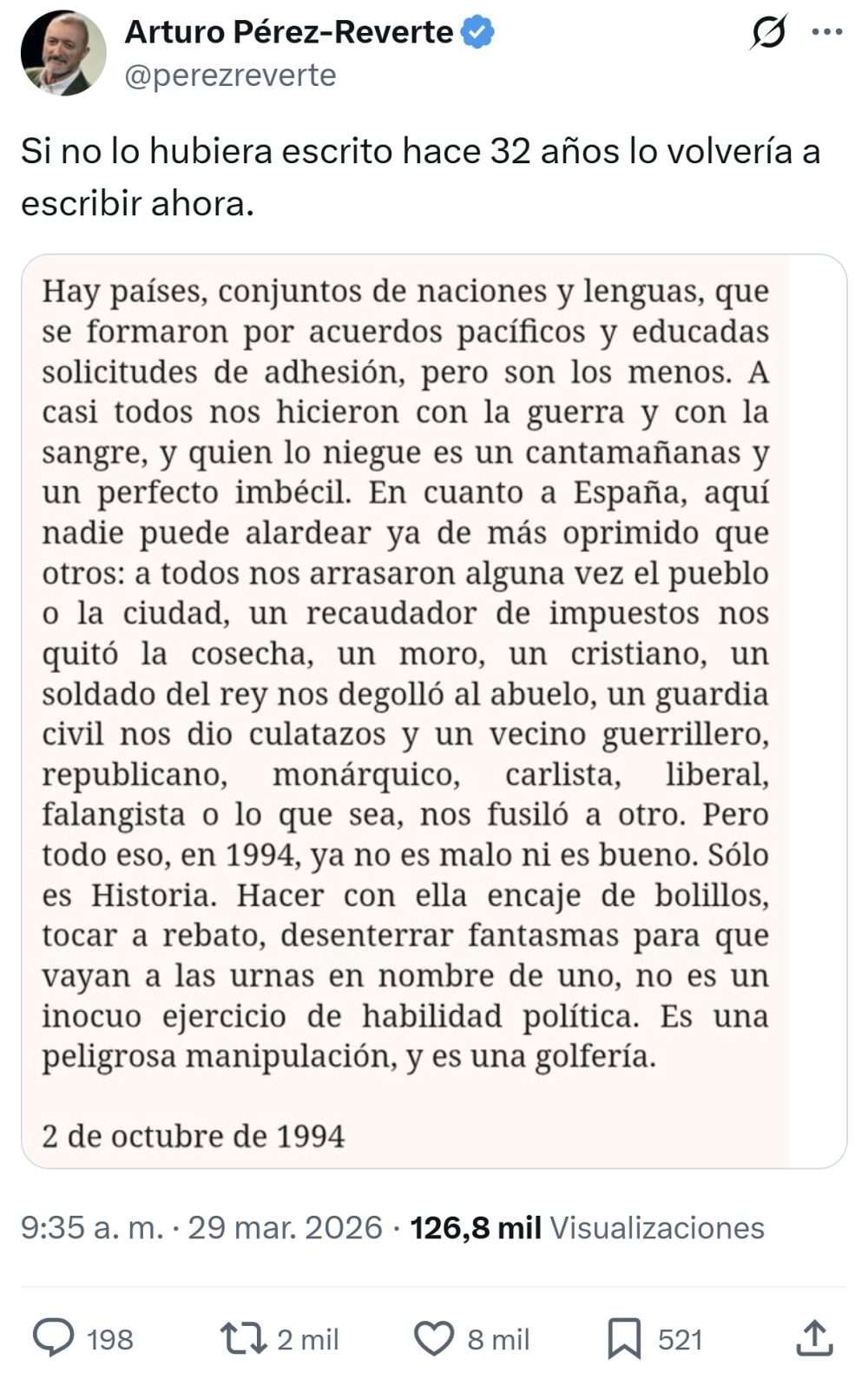 En 1994, Pérez-Reverte escribió este texto sobre revivir fantasmas del pasado.