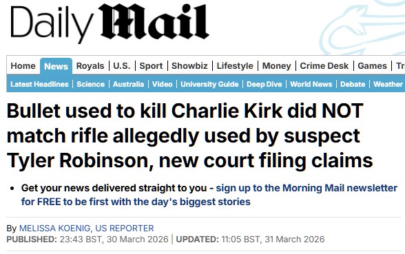 La bala utilizada para matar a Charlie Kirk NO coincide con el rifle supuestamente usado por el sospechoso Tyler Robinson, según afirma un nuevo documento judicial.