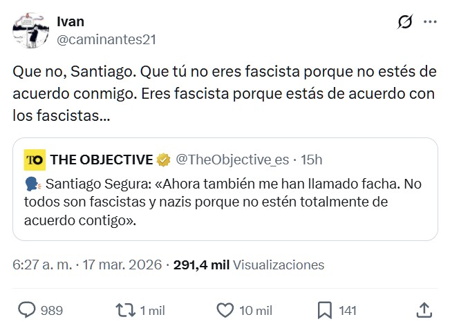 Santiago Segura: "Ahora también me han llamado fаchа. No todos son fascistas y nаzis porque no estén totalmente de acuerdo contigo".