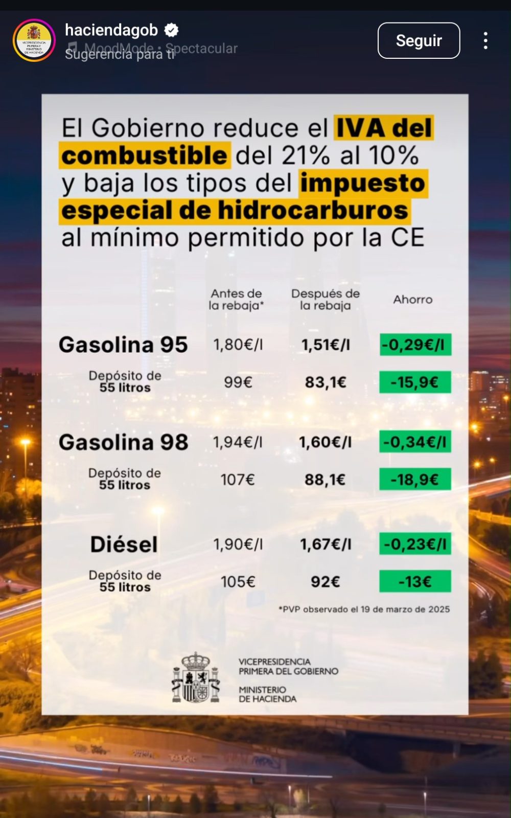 Así van a quedar los precios después de las rebajas del Gobierno.