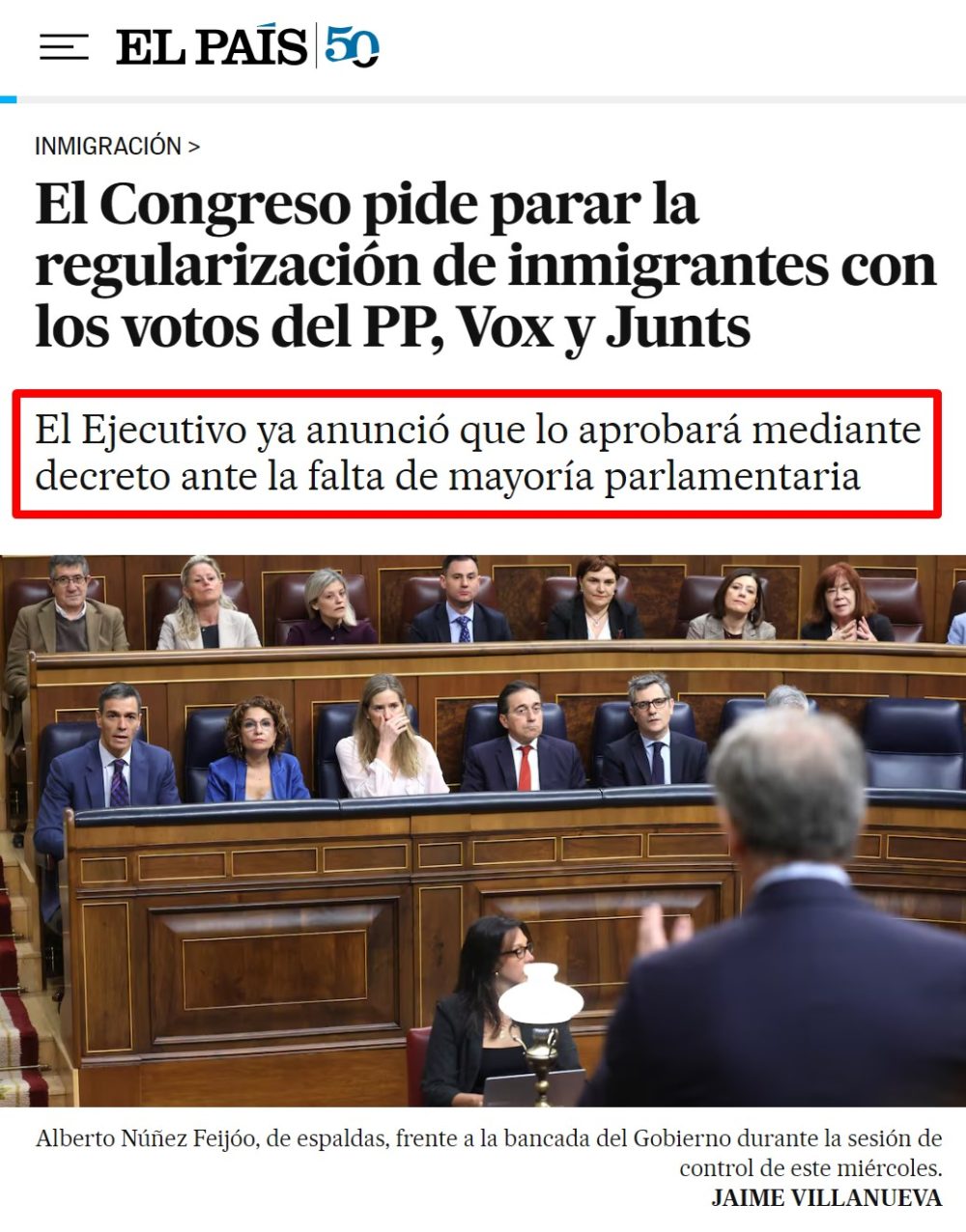 La mayoría absoluta del Congreso tumba la regularización masiva de inmigrantes que pretendía el Gobierno.
