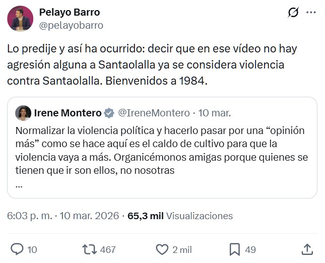 Irene Montero considera que la crítica de Antonio Naranjo a la evidente denuncia falsa de Sarah Santaolalla es "vioIencia política".