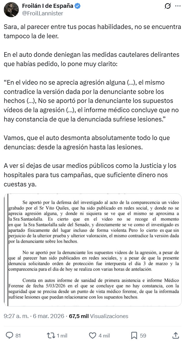 Miss Cabestrillos está ofuscada porque la justicia no se está creyendo su pantomima.