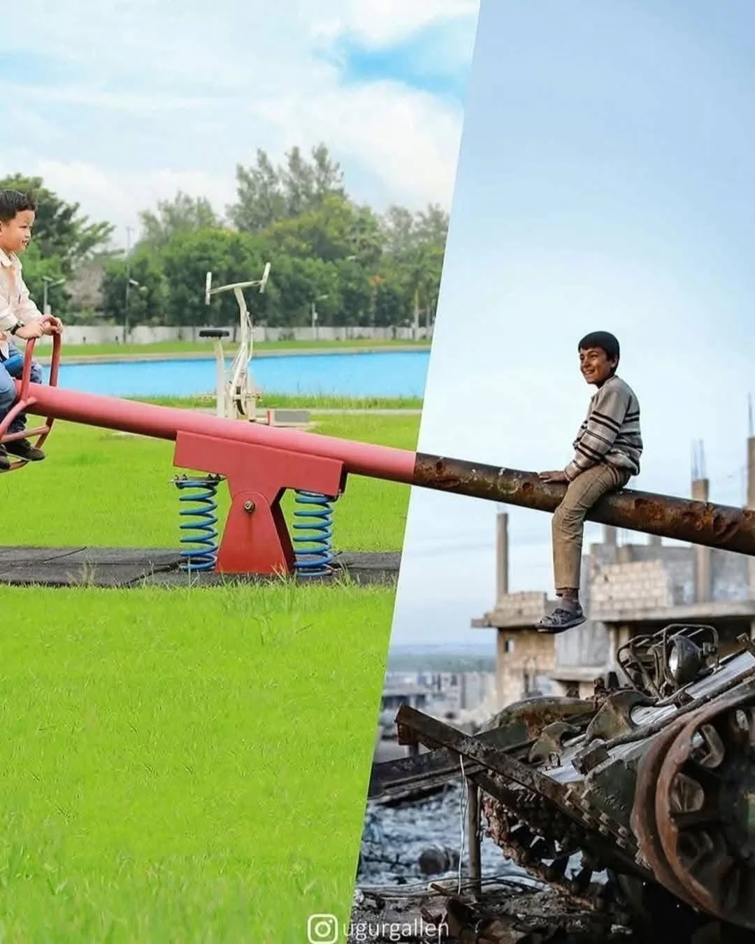 El artista turco Uğur Gallenkuş es famoso por crear collages que parten el mundo en dos: de un lado la vida cómoda, del otro la guerra, el desplazamiento y la supervivencia.