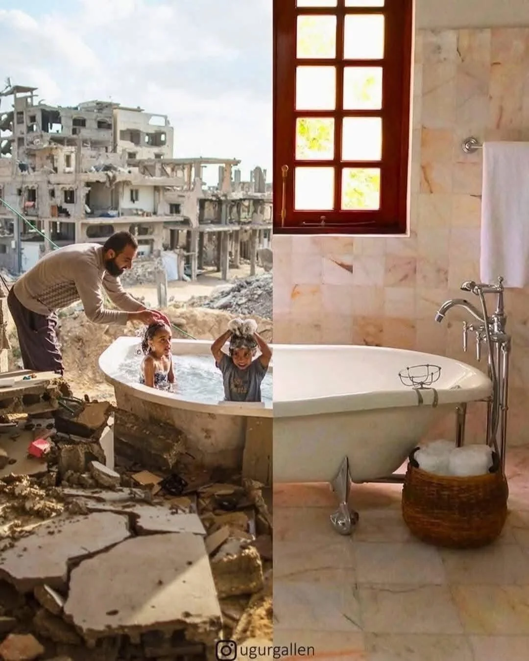 El artista turco Uğur Gallenkuş es famoso por crear collages que parten el mundo en dos: de un lado la vida cómoda, del otro la guerra, el desplazamiento y la supervivencia.