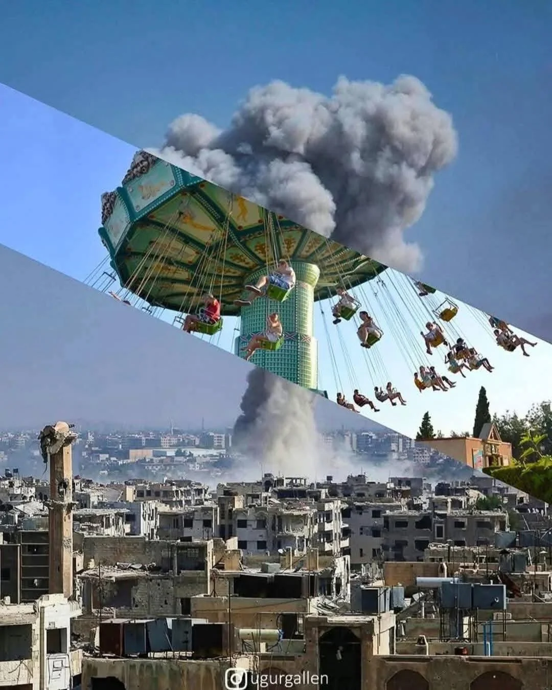 El artista turco Uğur Gallenkuş es famoso por crear collages que parten el mundo en dos: de un lado la vida cómoda, del otro la guerra, el desplazamiento y la supervivencia.