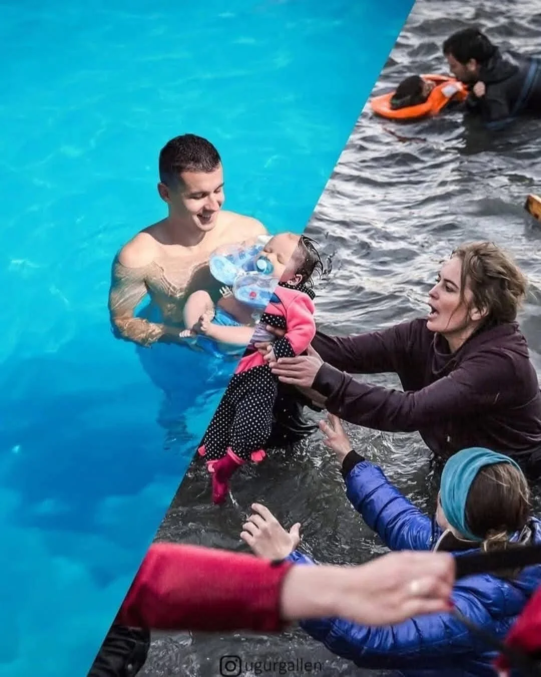 El artista turco Uğur Gallenkuş es famoso por crear collages que parten el mundo en dos: de un lado la vida cómoda, del otro la guerra, el desplazamiento y la supervivencia.
