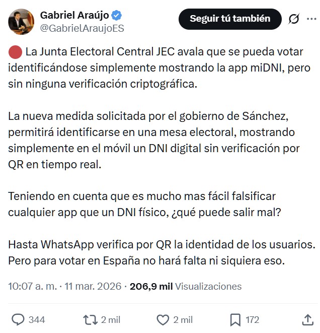 La Junta Electoral Central JEC avala que se pueda votar identificándose simplemente mostrando la app miDNI, pero sin ninguna verificación criptográfica.
