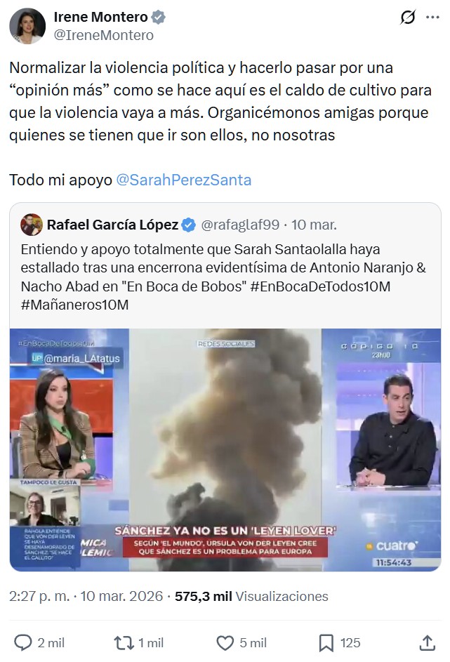 Irene Montero considera que la crítica de Antonio Naranjo a la evidente denuncia falsa de Sarah Santaolalla es "vioIencia política".