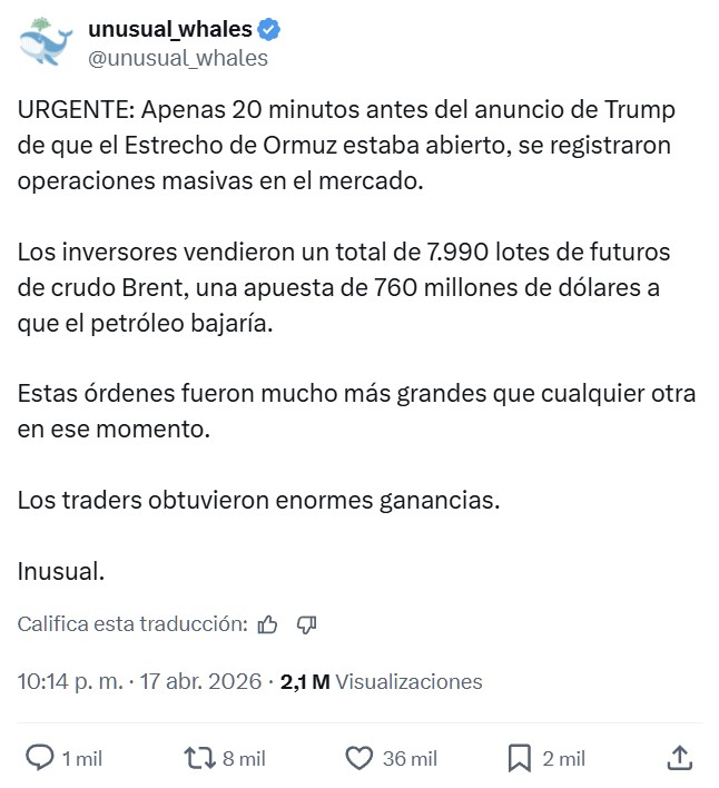 Una conocida cuenta de Twitter que rastrea los grandes movimientos de inversión, detectó un movimiento muy sospechoso justo antes de que Trump anunciase que abría el Estrecho de Ormuz.