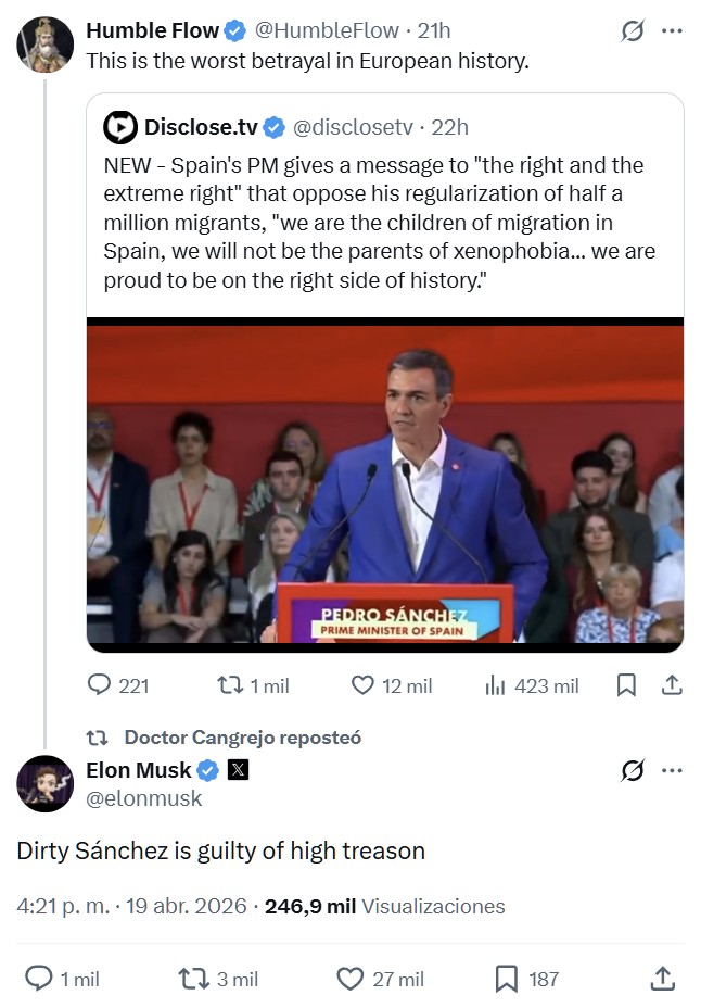 Mensaje de PDRO SNCHZ a mensaje a "la derecha y la extrema derecha" que se oponen a la regularización de medio millón de inmigrantes: "Somos hijos de la migración en España, no seremos los padres de la xenofobia... estamos orgullosos de estar del lado correcto de la historia".