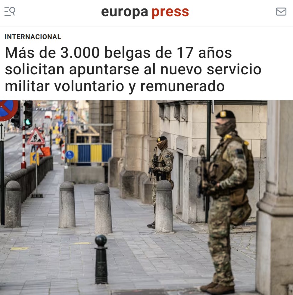 Más de 3.000 jóvenes belgas de 17 años solicitan apuntarse al nuevo servicio militar voluntario y remunerado con al menos 2.000€ netos al mes. El Gobierno belga habla de "éxito rotundo"