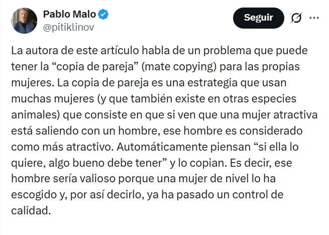 El problema de la "copia de pareja": si tienes novia otras mujeres se fijan más en ti, inflando artificialmente tu atractivo real.