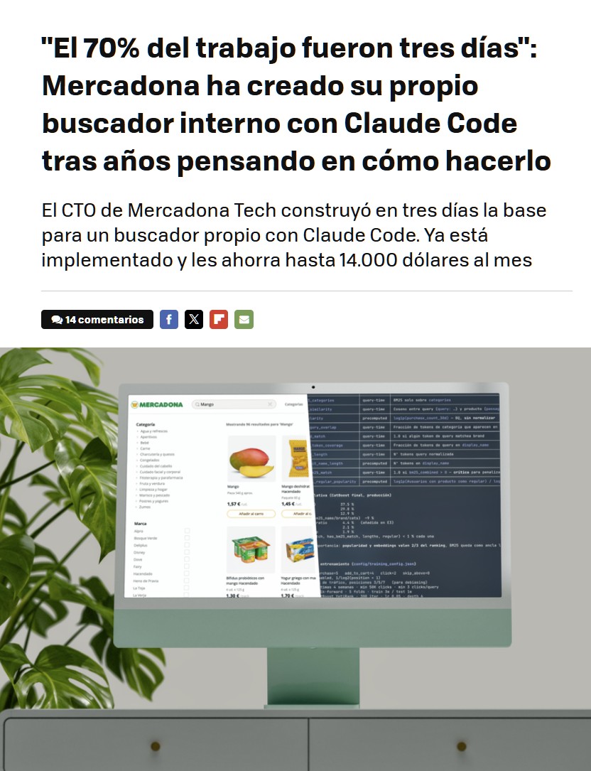 Mercadona se ha deshecho de su buscador y lo ha sustituido por uno propio. Lo han hecho en un mes con Claude Code y se ahorran un 90%