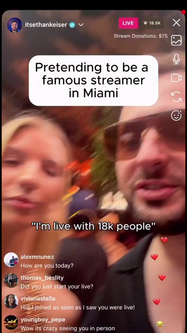 Un tío usa una APP que simula un falso directo con miles de personas conectadas y donando dinero mientras sale de fiesta para Iigarse a tías y... funciona.