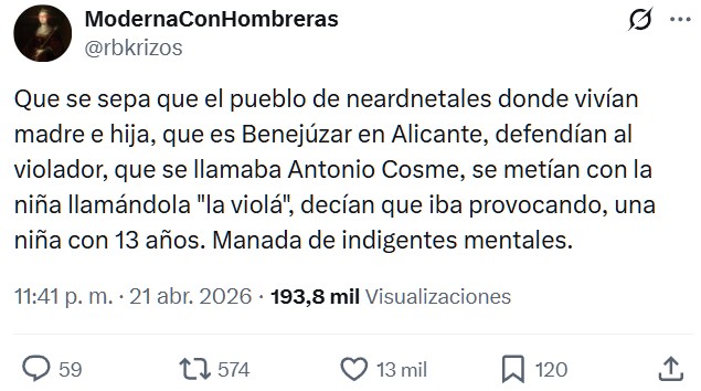 En 1998, una niña de 13 años fue secuestrada y vioIada bajo amenaza de cuchiIIo en Alicante, España. El vioIador, Antonio Cosme, de 63 años, fue condenado a 9 años de cárcel.