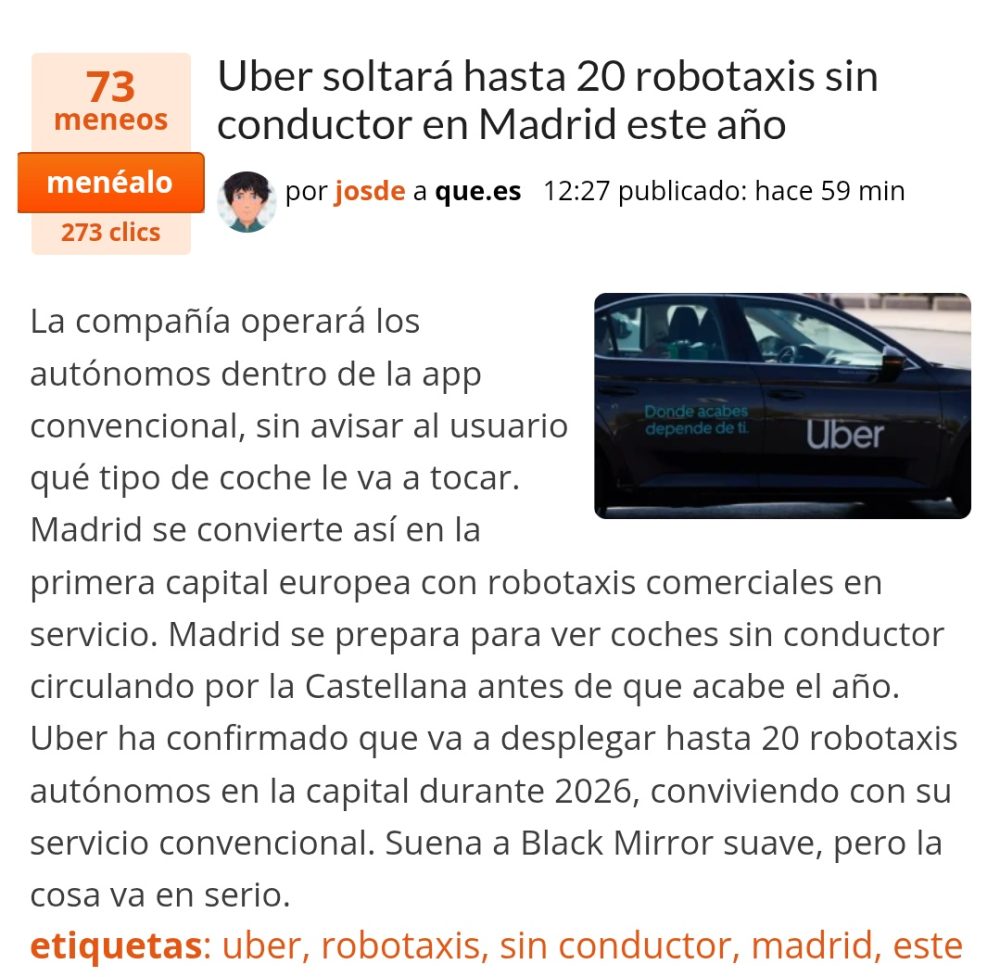 Uber va a desplegar una flota de 20 robotaxis en Madrid en 2026.