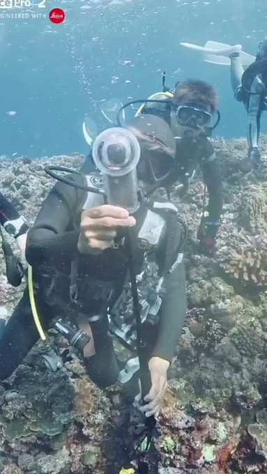 El instructor de buceo Miyakojima Kuni-san deja caer su cámara subacuática por un agujero en el fondo del mar.