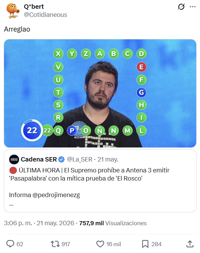 Antena 3 no podrá emitir Pasapalabra con 'El Rosco'.
