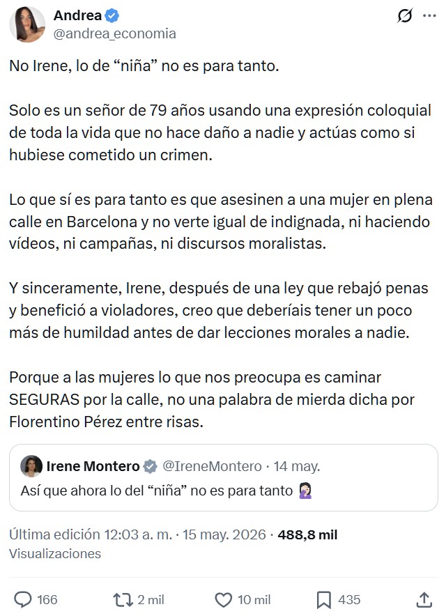 Irene Montero sobre Florentino Pérez: "Así que ahora lo del “niña” no es para tanto"