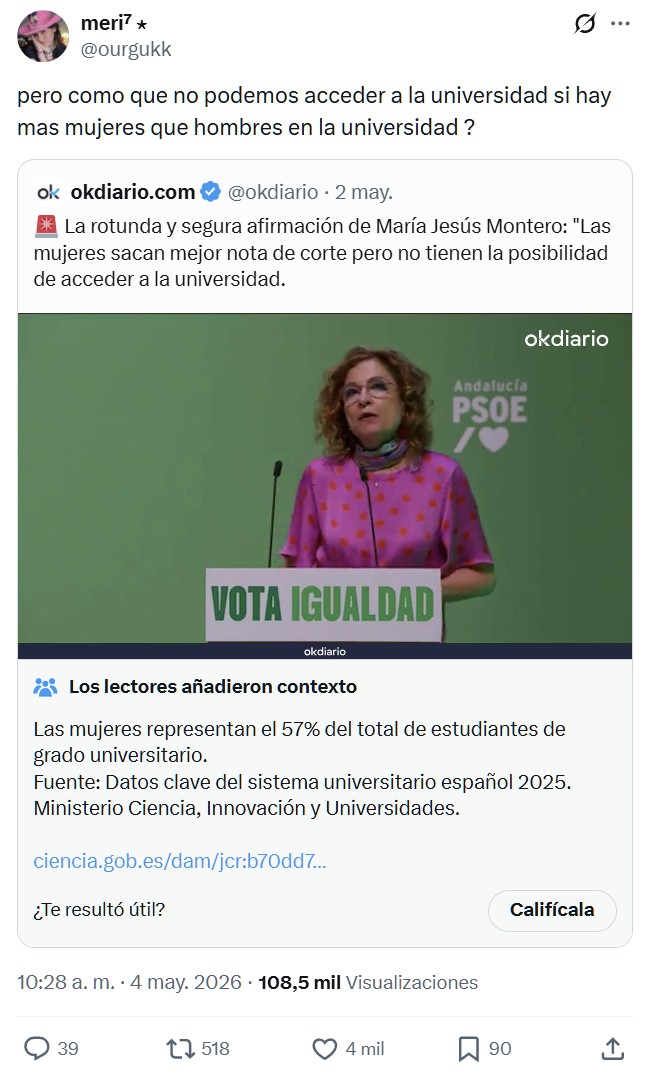La rotunda y segura afirmación de María Jesús Montero: "Las mujeres sacan mejor nota de corte pero no tienen la posibilidad de acceder a la universidad.