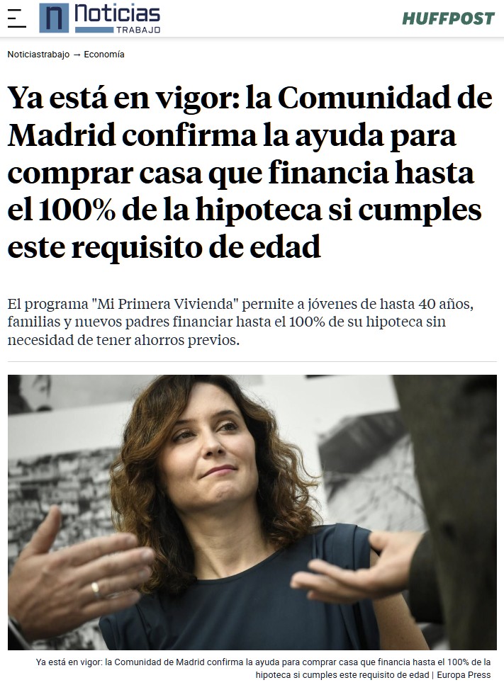 La Comunidad de Madrid permitirá financiar el 100% de viviendas de hasta 390.000 euros a jóvenes y nuevos padres.