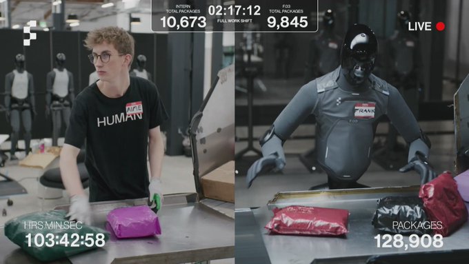 El robot humanoide que trabaja volteando paquetes se enfrenta a un humano en directo.
