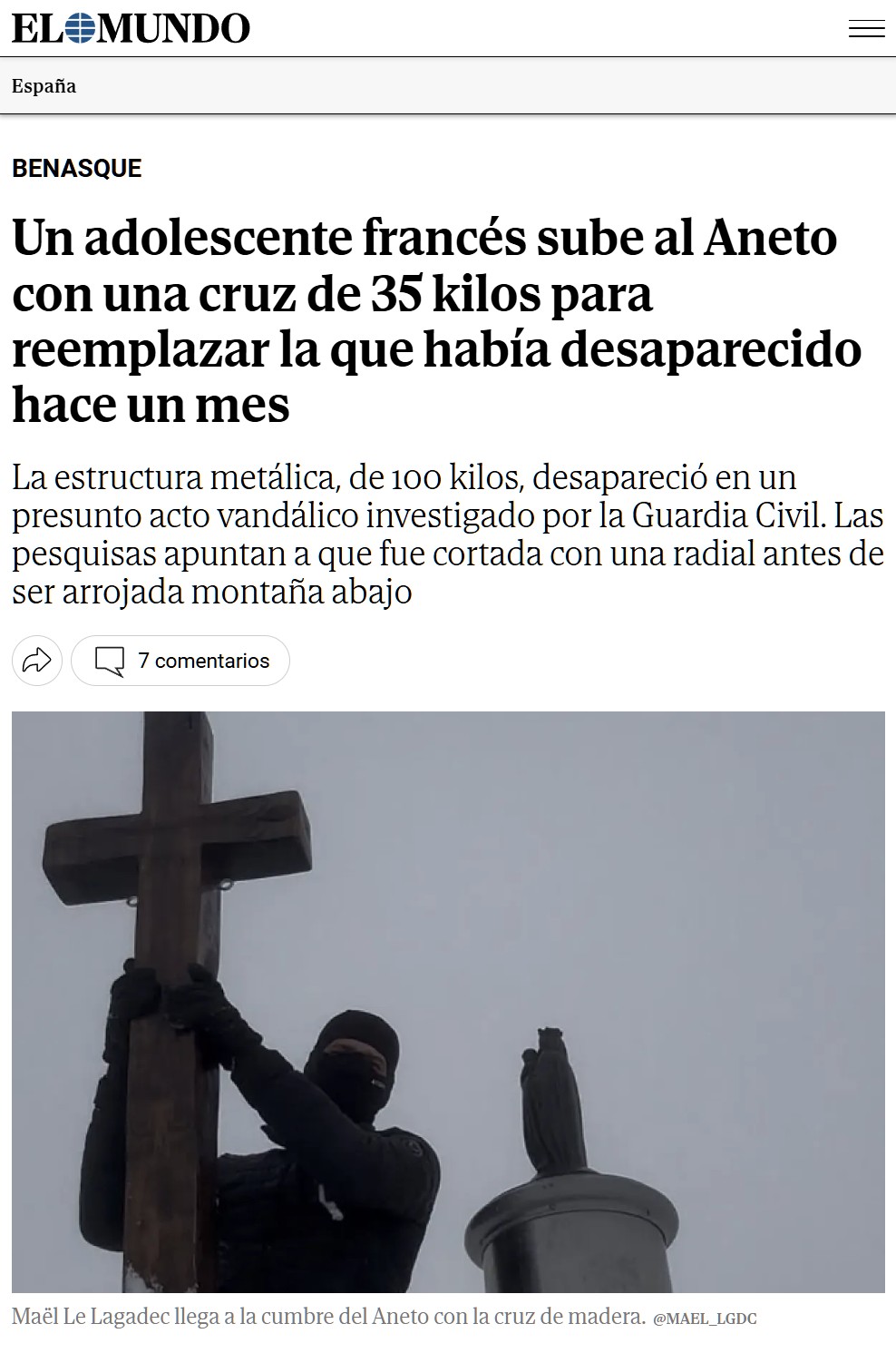 Un joven francés sube al Aneto con una cruz de 35 kilos tallada por él para remplazar la que había desaparecido.