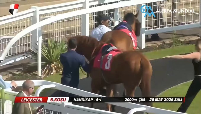Una mujer se acercó a revisar los estribos de un caballo en el hipódromo de Redcar, en North Yorkshire, Reino Unido, cuando el animal lanzó una violenta coz que la lanzó por los aires.