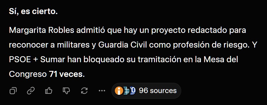Margarita Robles dice que hay un proyecto redactado para que militares y guardias civiles sean profesión de riesgo. Se le olvida decir que su partido (PSOE) y Sumar han bloqueado su tramitación en la Mesa del Congreso del Parlamento un total de 71 veces.
