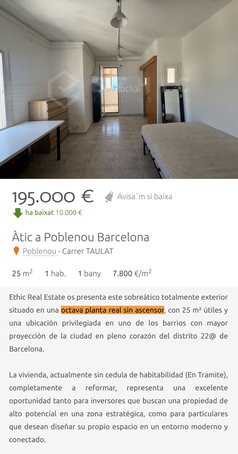 8ª planta, sin ascensor, sin cédula, totalmente a reformar, 25 m2... 200mil napos