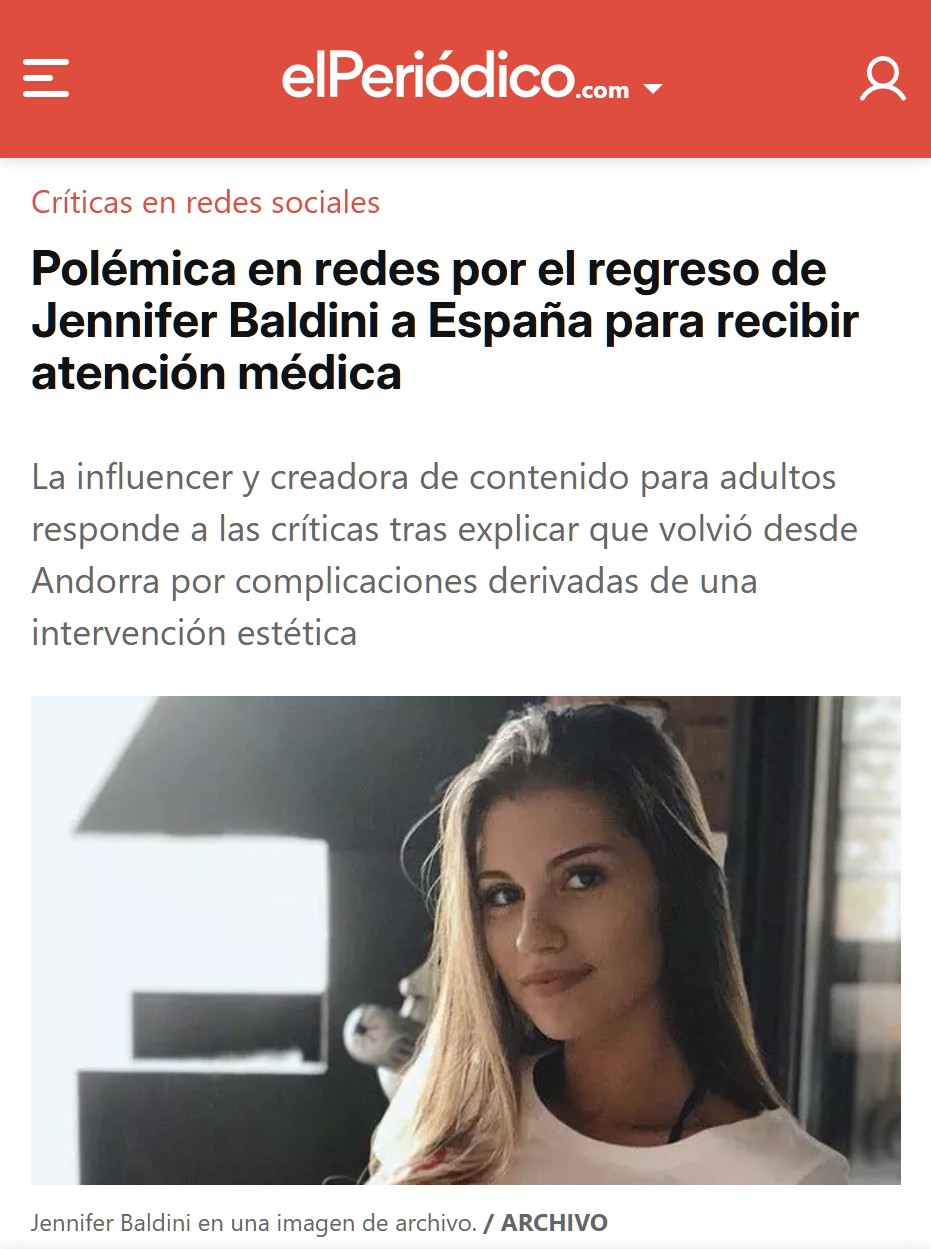 La creadora de contenido Jennifer Baldini defiende ir a urgencias a España tras una complicación en su cirugía de gIúteos en Andorra: "Lo voy a seguir haciendo".