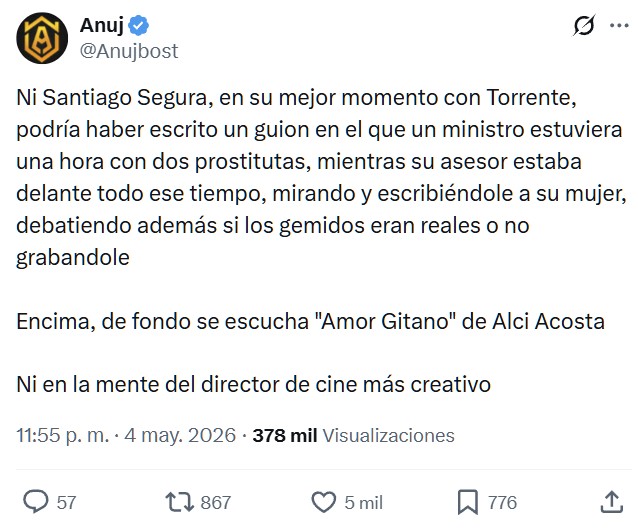 Lo de Koldo grabando a Ábalos mientras enterraba la nutria y comentando con su mujer la jugada por whatssao para ver si había entrao o no, es lo más grande que le ha pasado a España en su historia reciente.